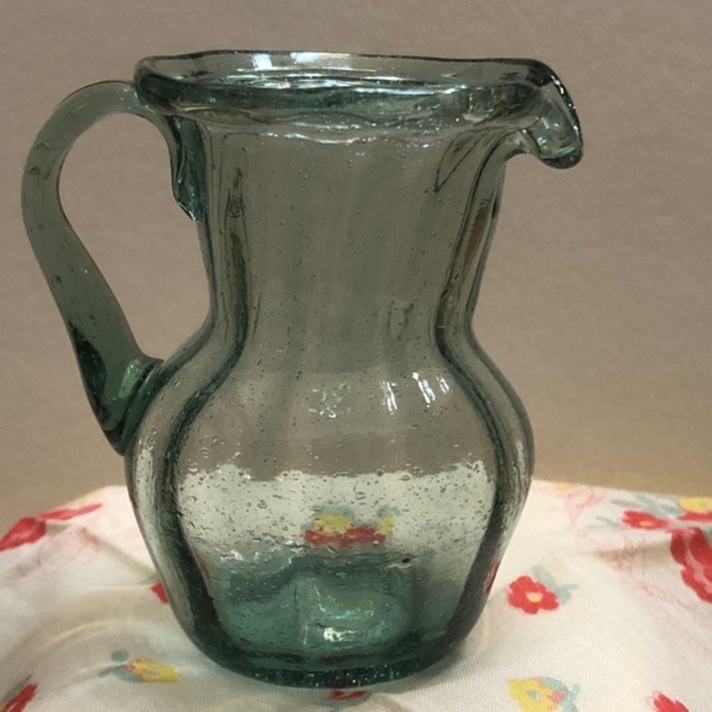 Hand Mouth Blown Glass Mini Pitcher Recycled Green Bubble Glass Vintage